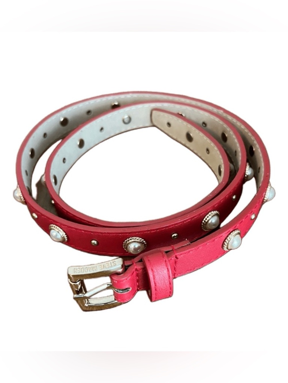 Steve Madden Red Leather Pearl-Studded‎ Belt with Gold Buckle
